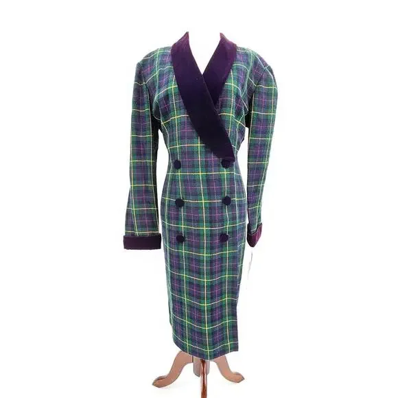Vtg 80s/90s John Roberts Women's 12 Double Breasted Tartan Trench Midi Dress NOS - Picture 3 of 10